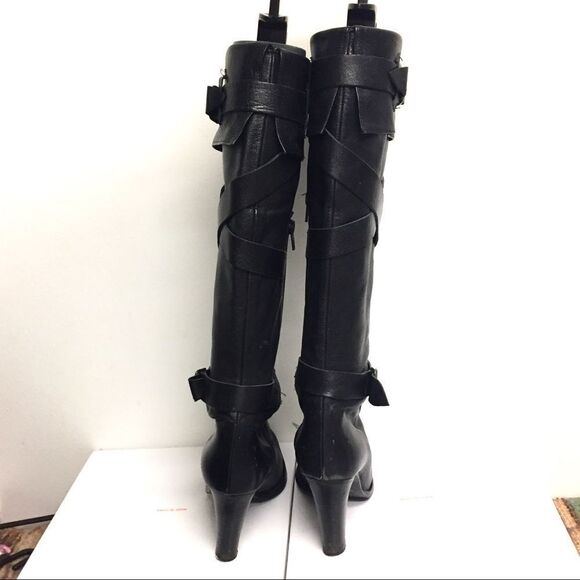 Browns Knee High Leather Boots Heel Straps Black - Picture 6 of 8